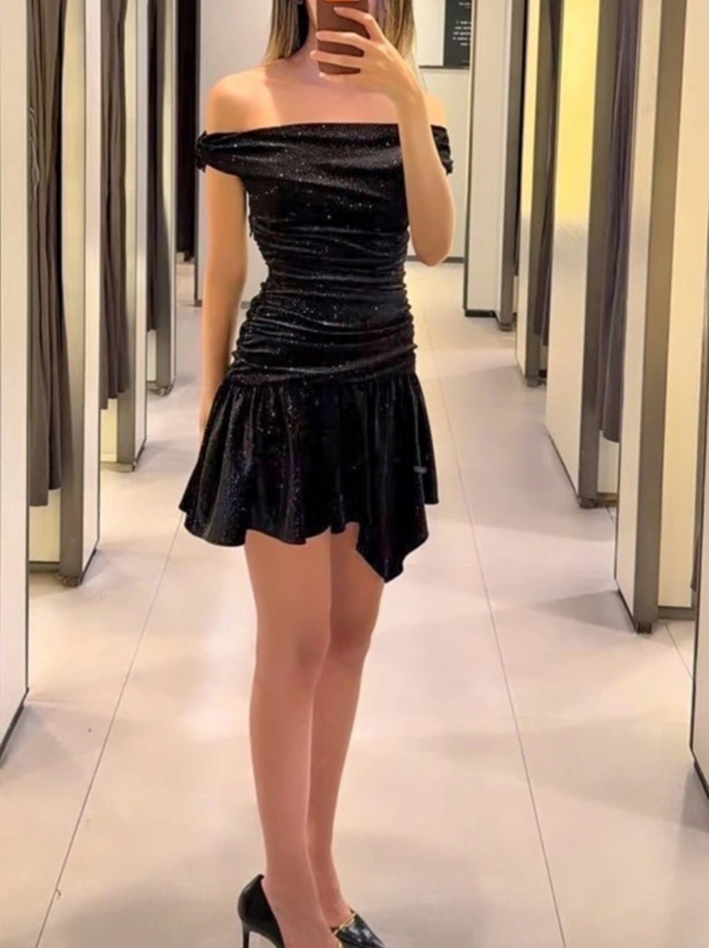 Zara Sparkly Velvet Mini Dress in Black Size xs NWOT